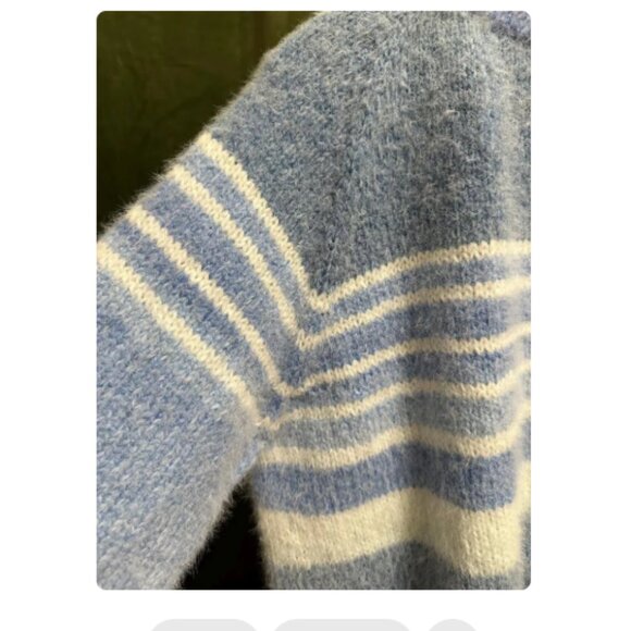 Blue and White Striped Fuzzy Sweater, Soft Women’s Knit Pullover Cozy - Picture 4 of 11